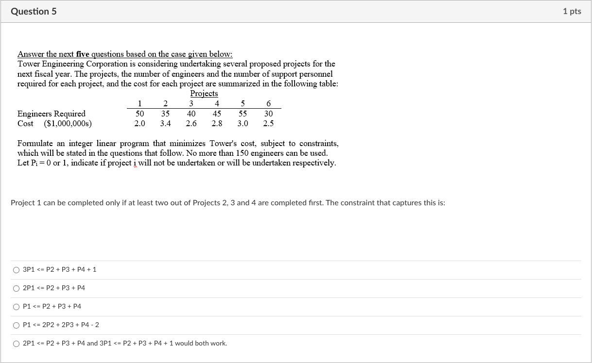 Tower Engineering Corporation is considering undertaking several proposed projects for the next
