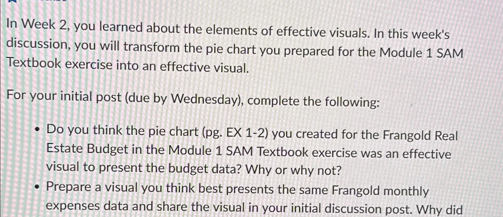  In Week 2, you learned about the elements of effective visuals.
