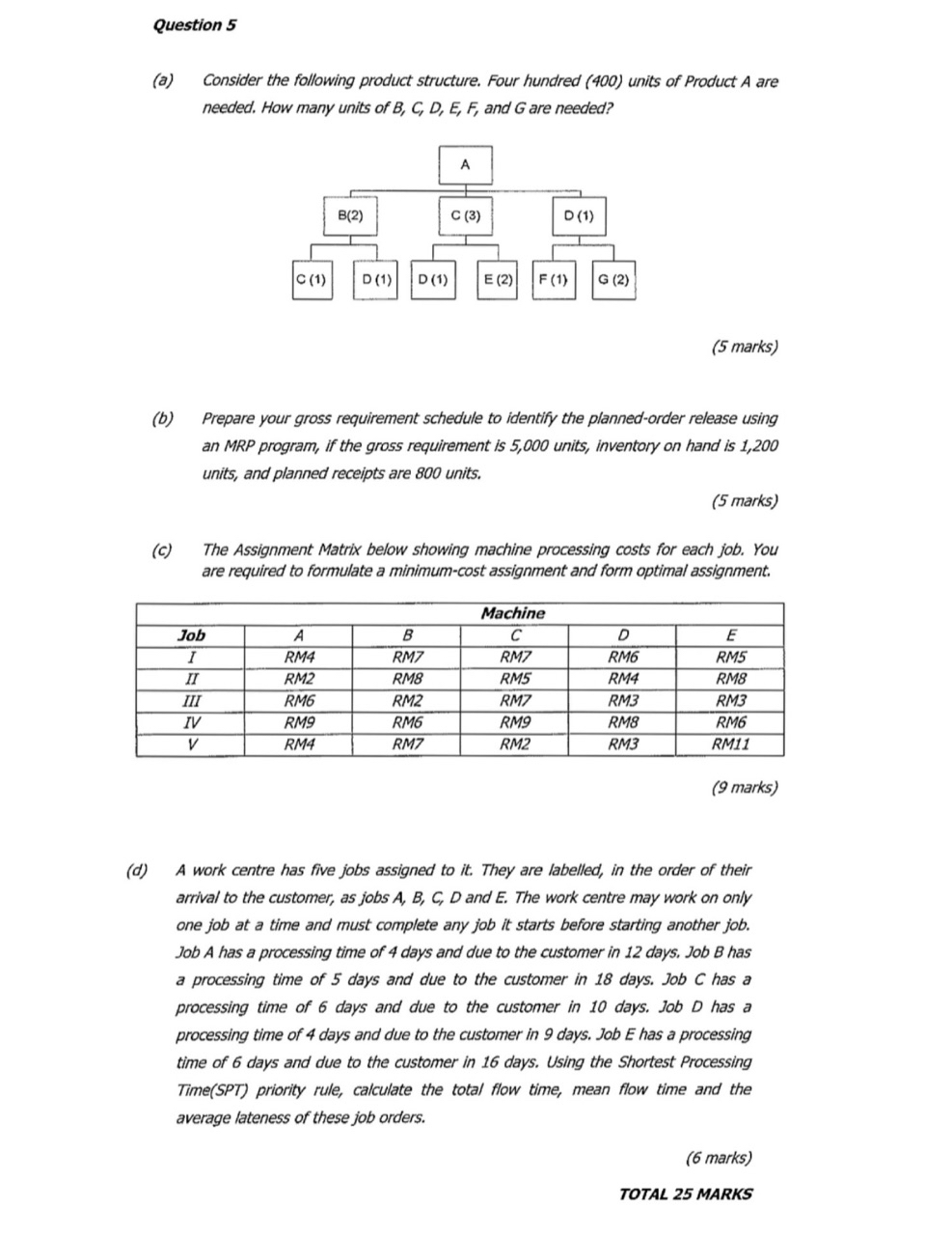  helpQuestion 5 (a) Consider the following product structure. Four hundred (400)