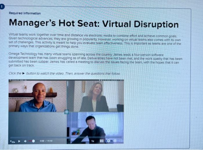  Manager's Hot Seat: Virtual Disruption Virtual teams work together over time