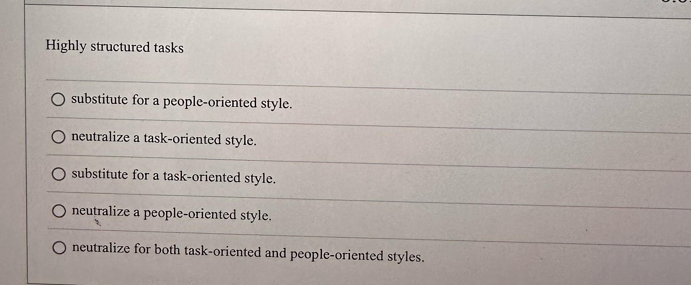  Highly structured tasks substitute for a people-oriented style. neutralize a task-oriented