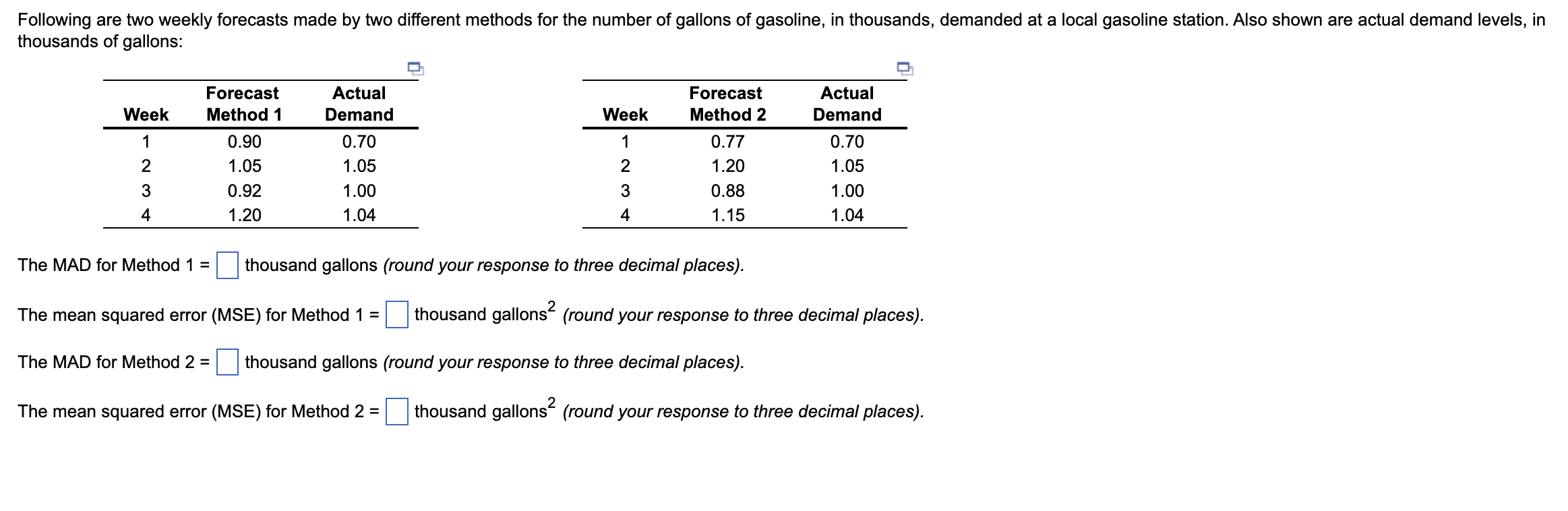 The MAD for Method 1= thousand gallons (round your response to