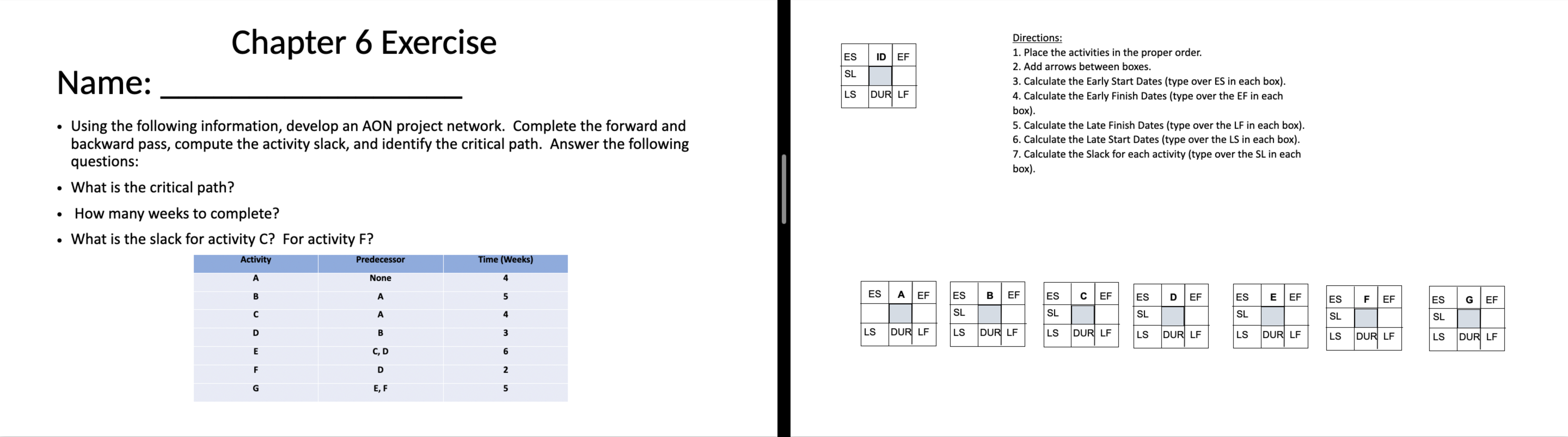  Name: Using the following information, develop an AON project network. Complete
