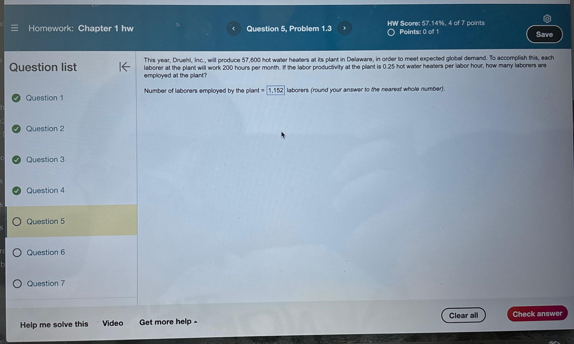  Homework: Chapter 1 hw Question 5, Problem 1.3 HW Score: 57.14%,4
