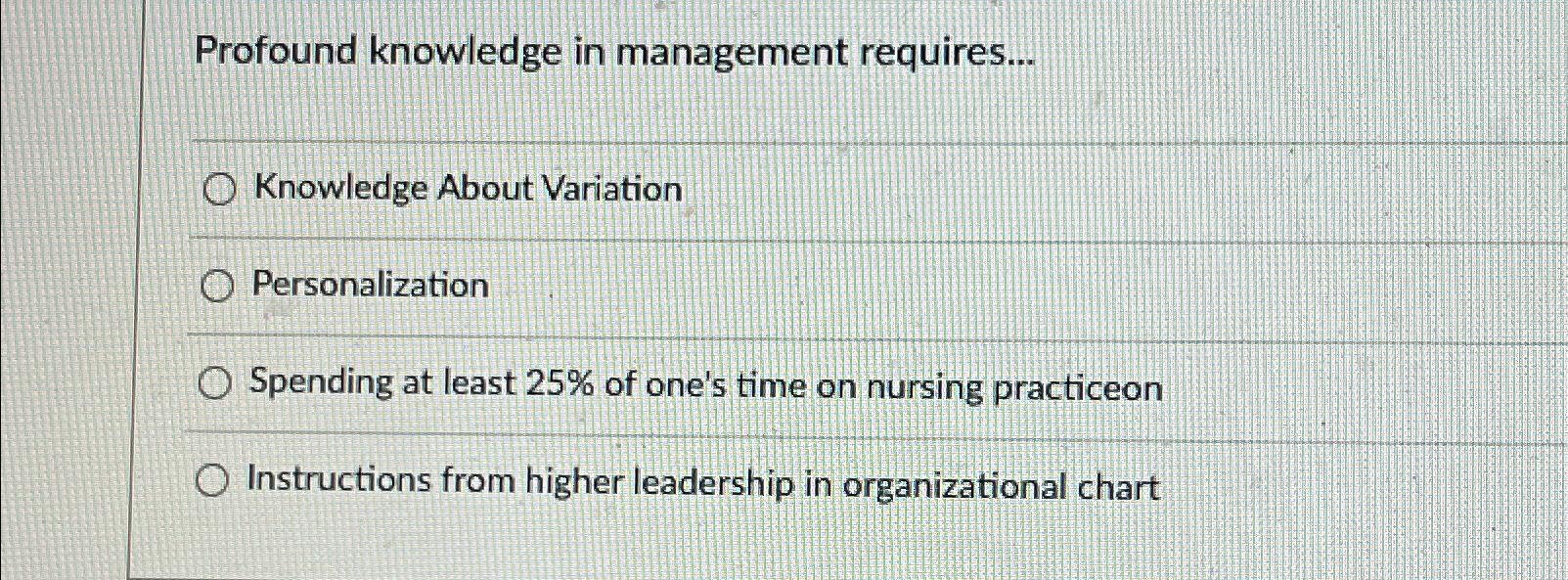  Profound knowledge in management requires... Knowledge About Variation Personalization Spending at