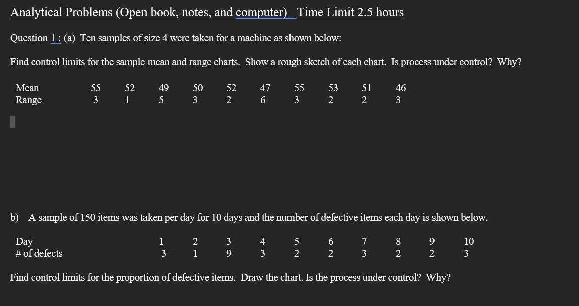  Analytical Problems (Open book, notes, and computer) Time Limit 2.5 hours