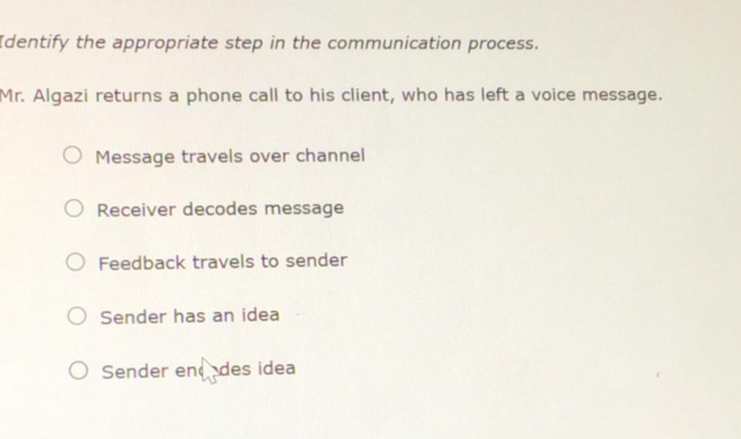  Identify the appropriate step in the communication process. Mr. Algazi returns