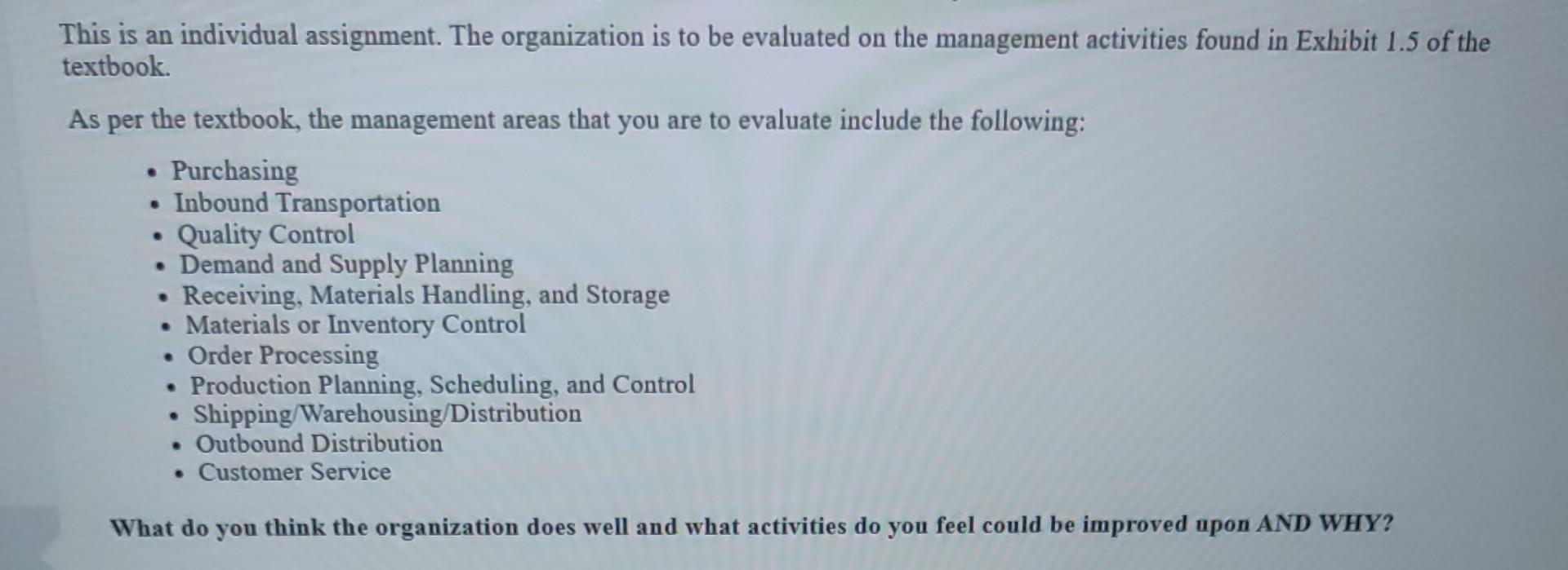 This is an individual assignment. The organization is to be evaluated