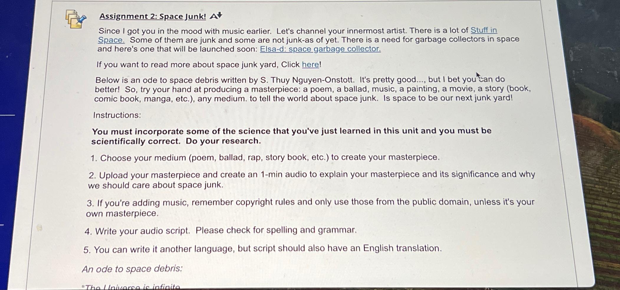  Assignment 2: Space Junk! At Since I got you in the