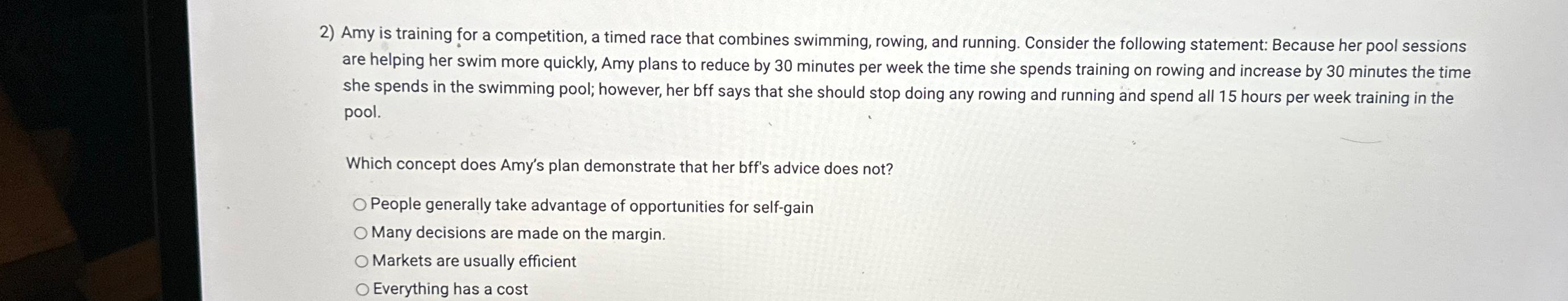  Amy is training for a competition, a timed race that combines