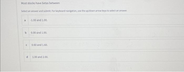  Most stocks have betas between Select an answer and submit. For