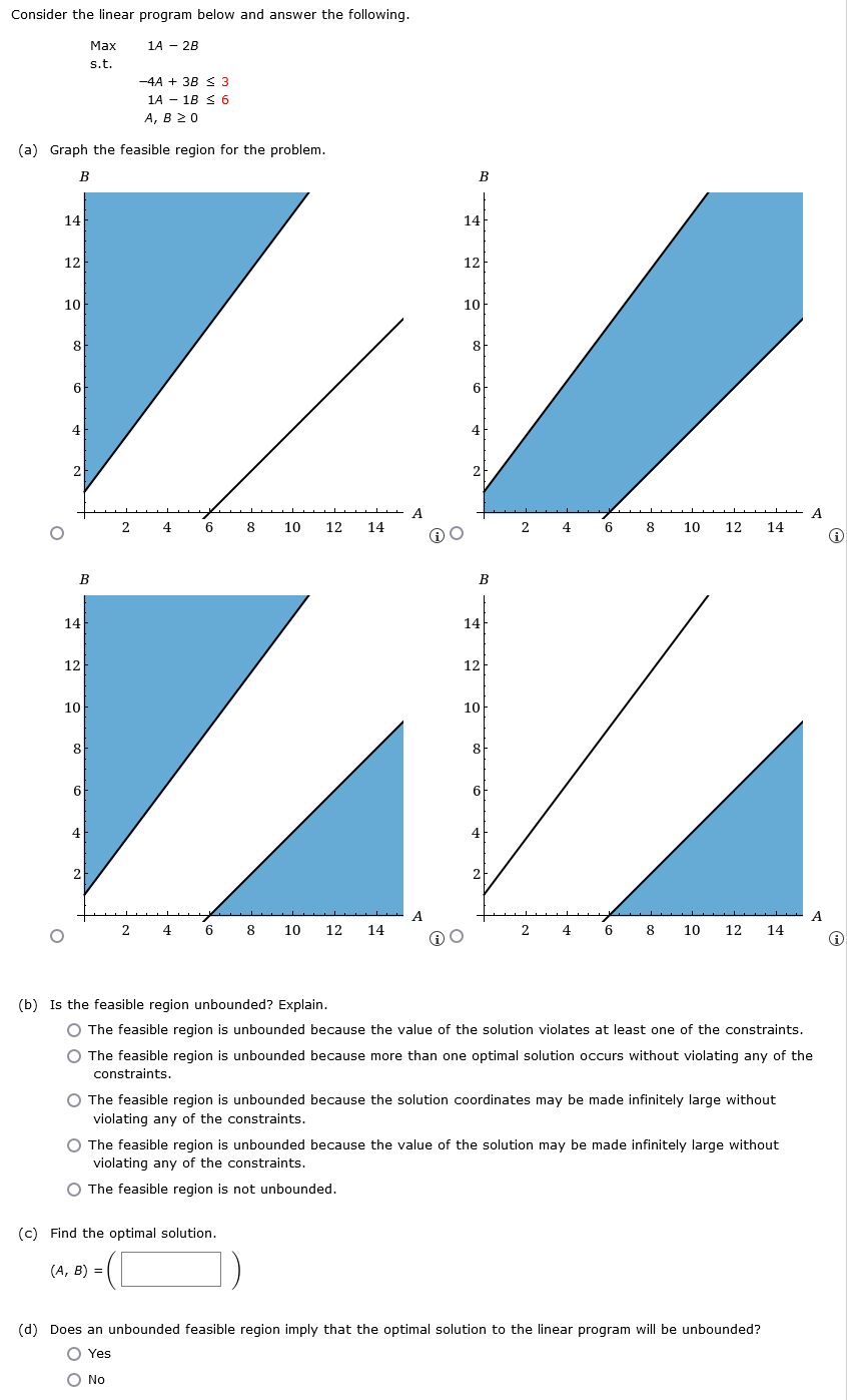 Consider the linear program below and answer the following. Maxs.t.1A2B4A+3B31A1B6A,B0 (a)