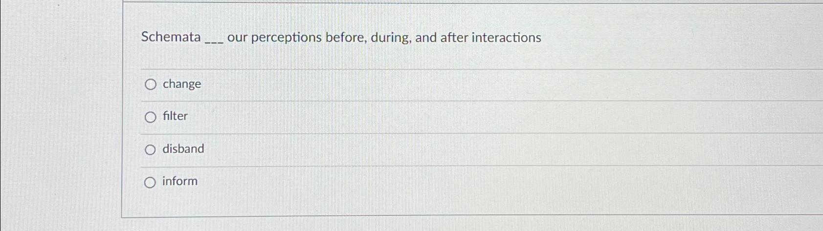  Schemata our perceptions before, during, and after interactions change filter disband