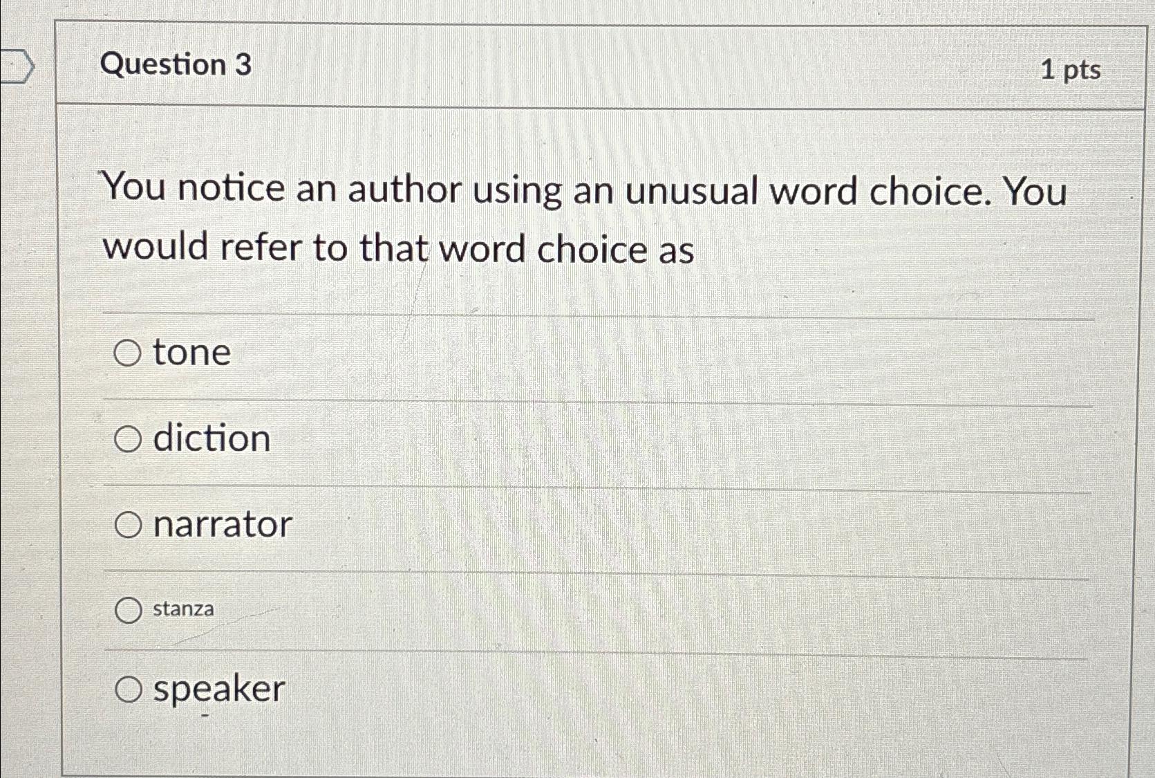 Question 3 1 pts You notice an author using an unusual