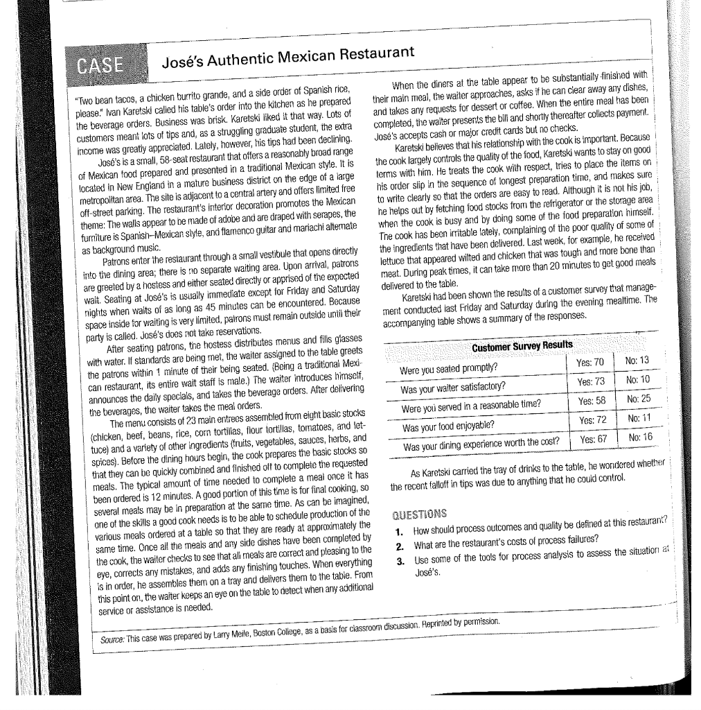 1. How should process outcomes and quality be defined at this restaurant?