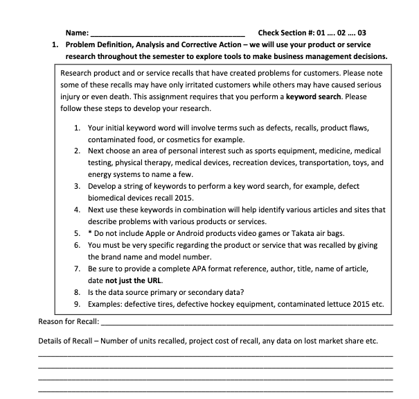  1. Problem Definition, Analysis and Corrective Action - we will use