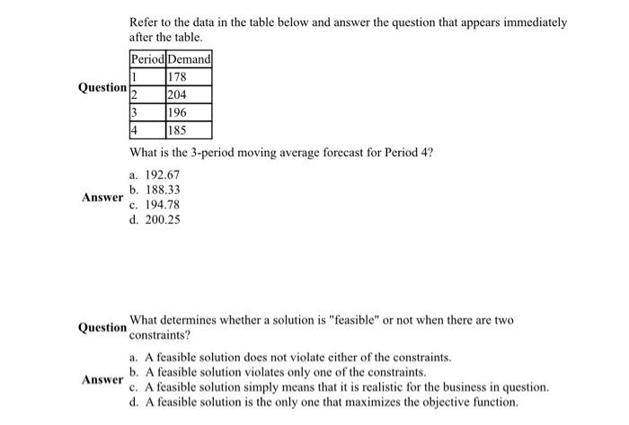  Refer to the data in the table below and answer the
