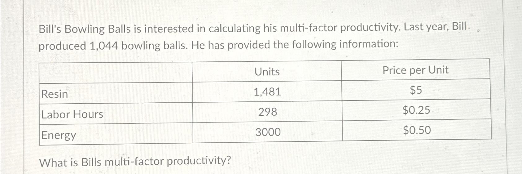  Bill's Bowling Balls is interested in calculating his multi-factor productivity. Last