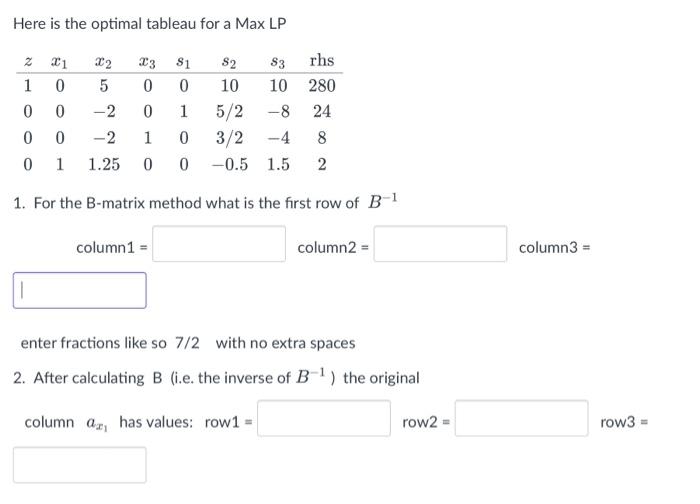  Here is the optimal tableau for a Max LP 1. For