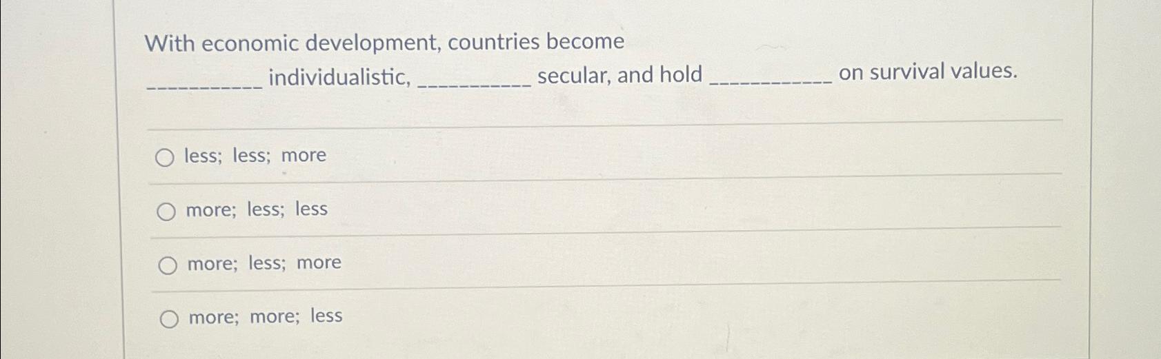  With economic development, countries become individualistic, secular, and hold on survival