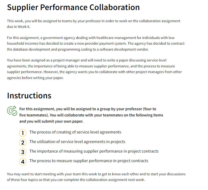 Supplier Performance Collaboration This week, you will be assigned to teams