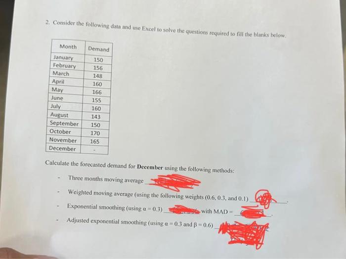  2. Consider the following data and use Excel to solve the
