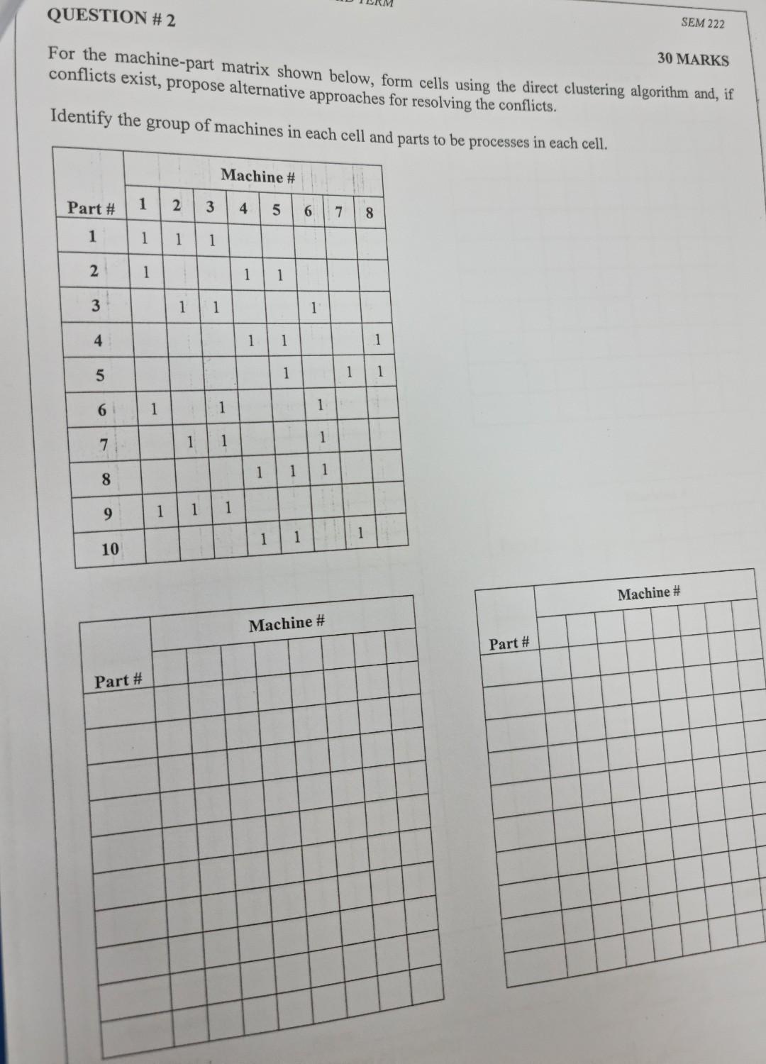  For the machine-part matrix shown below, form cells using the direct
