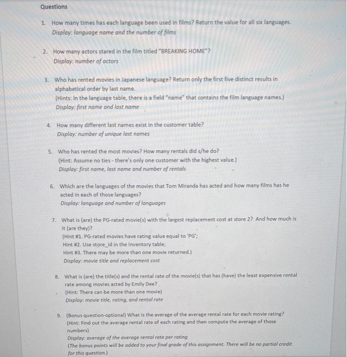 language been used in films? Return the value for all six languages.