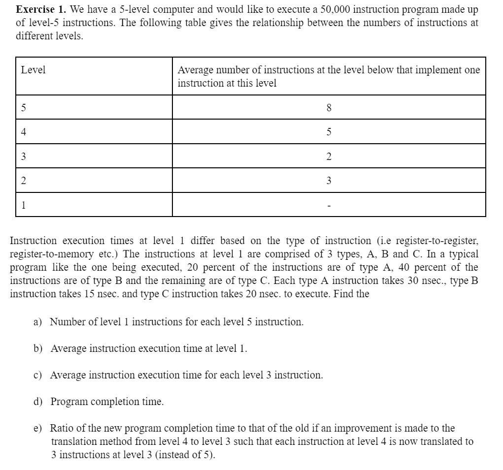  Exercise 1. We have a 5-level computer and would like to