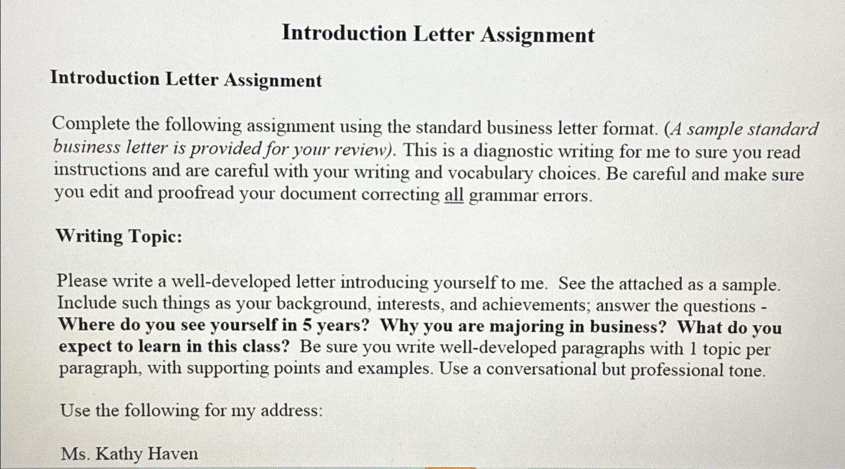  Introduction Letter Assignment Introduction Letter Assignment Complete the following assignment using