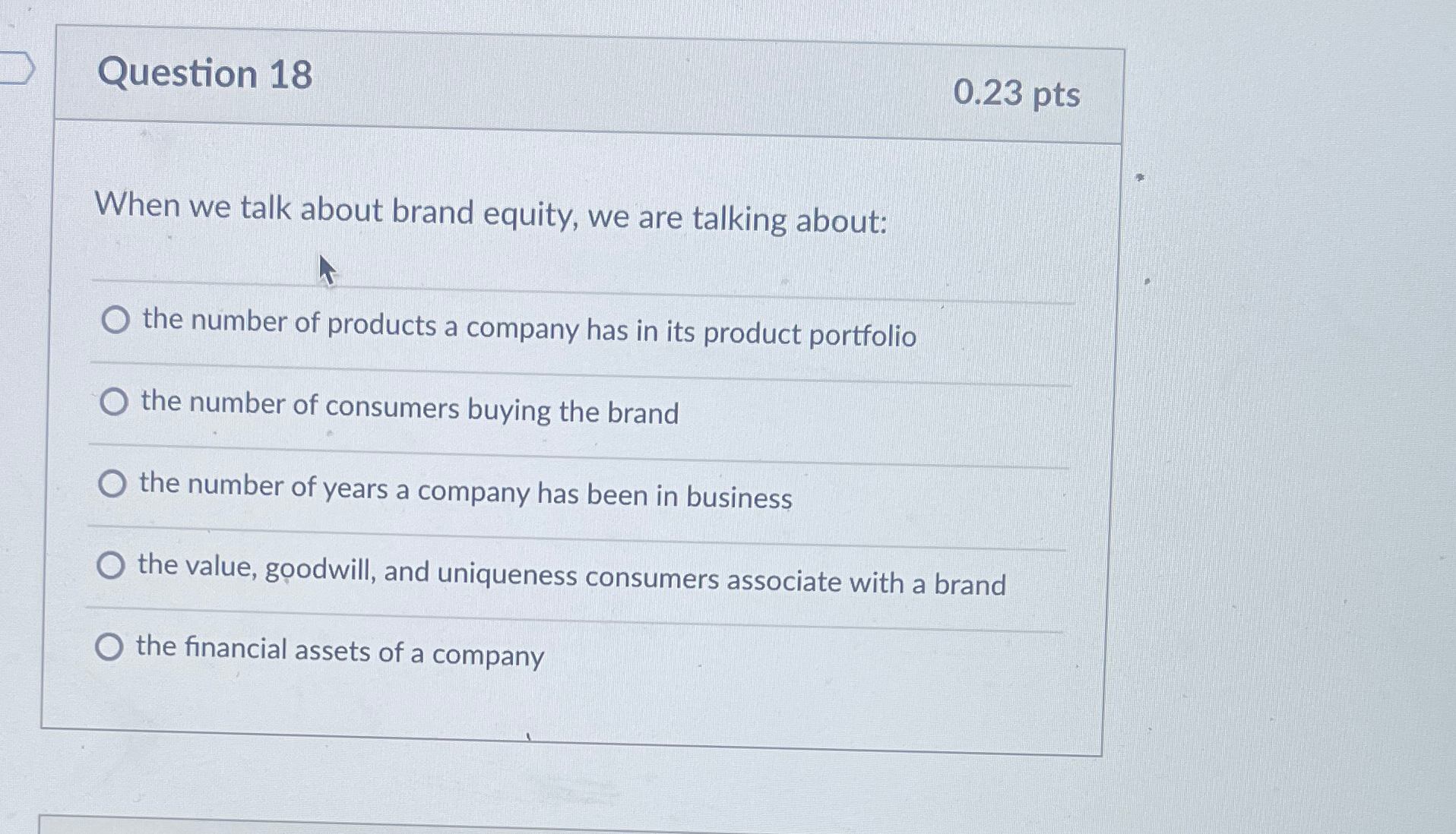  Question 18 0.23 pts When we talk about brand equity, we