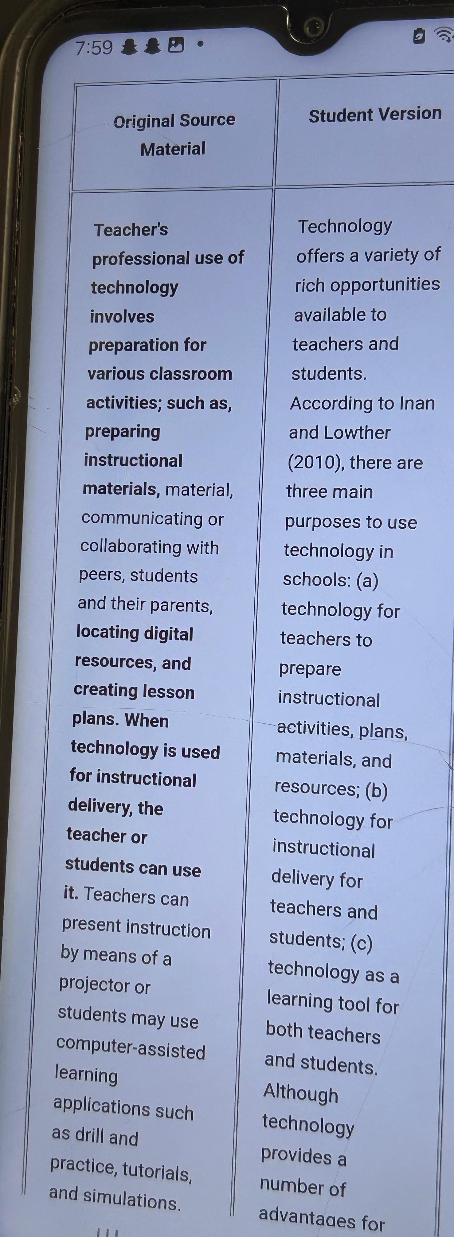  7:59 \table[[\table[[Original Source],[Material]],Student Version],[\table[[Teacher's],[professional use of],[technology],[involves],[preparation for],[various classroom],[activities; such as,],[preparing],[instructional],[materials, material,],[communicating