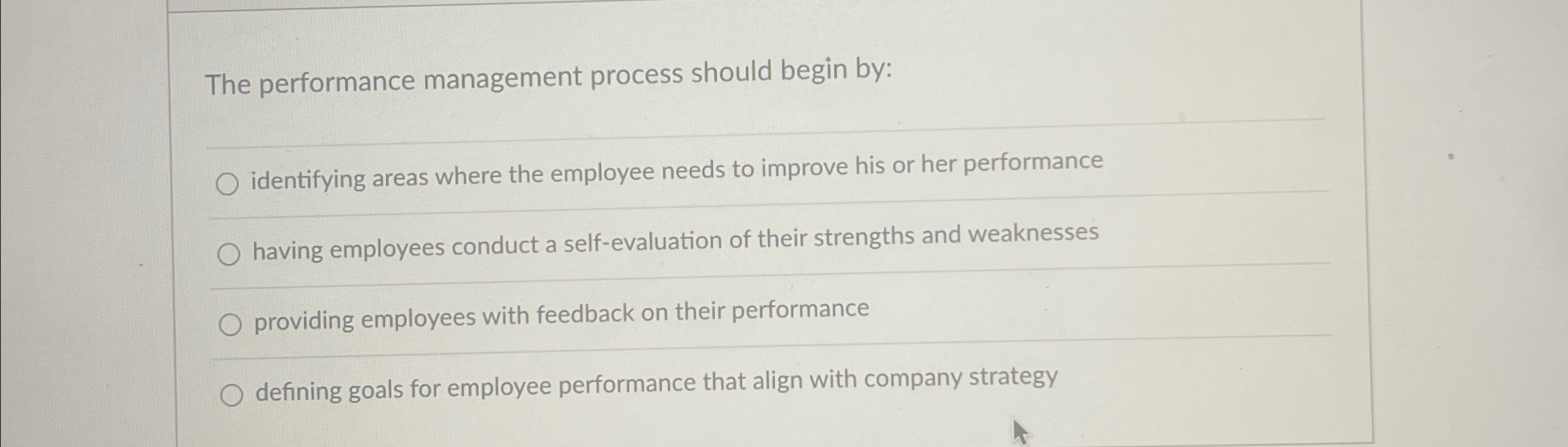  The performance management process should begin by: q, identifying areas where