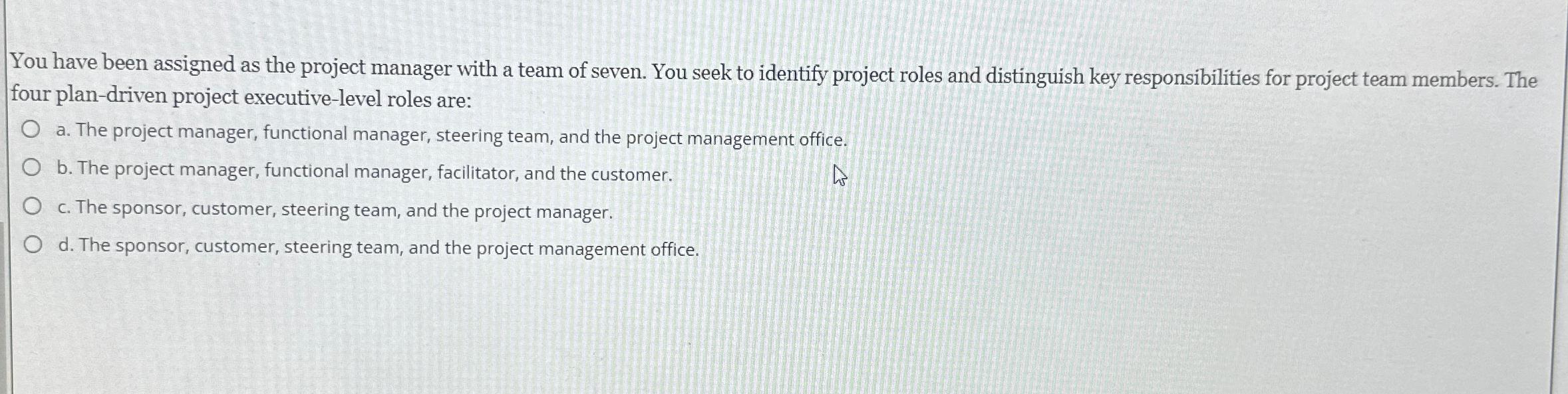  You have been assigned as the project manager with a team