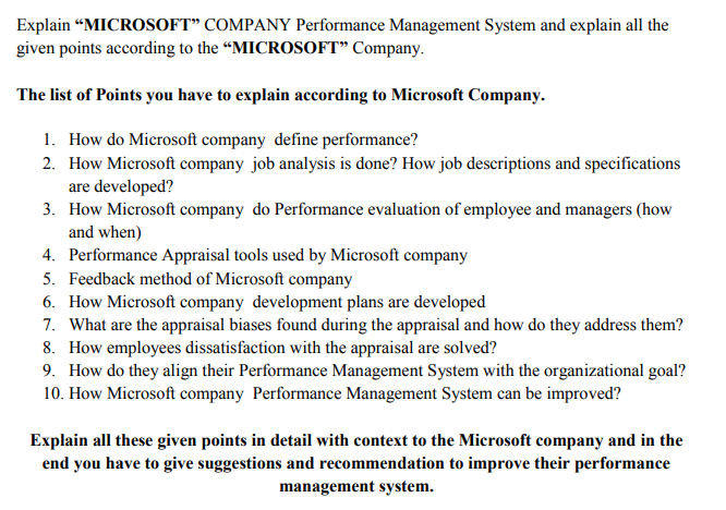  Explain "MICROSOFT" COMPANY Performance Management System and explain all the given