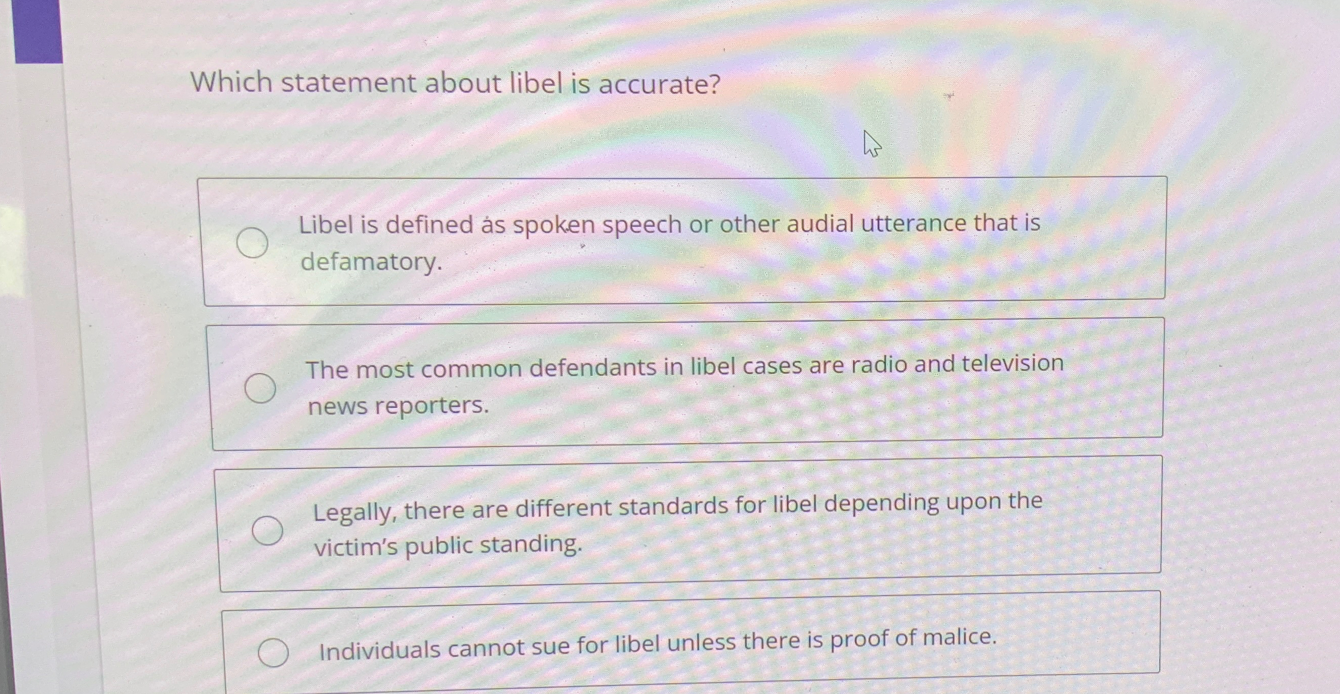  Which statement about libel is accurate? Libel is defined as spoken