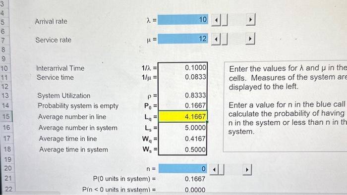  on excel please Arrival rate Service rate = Enter the values