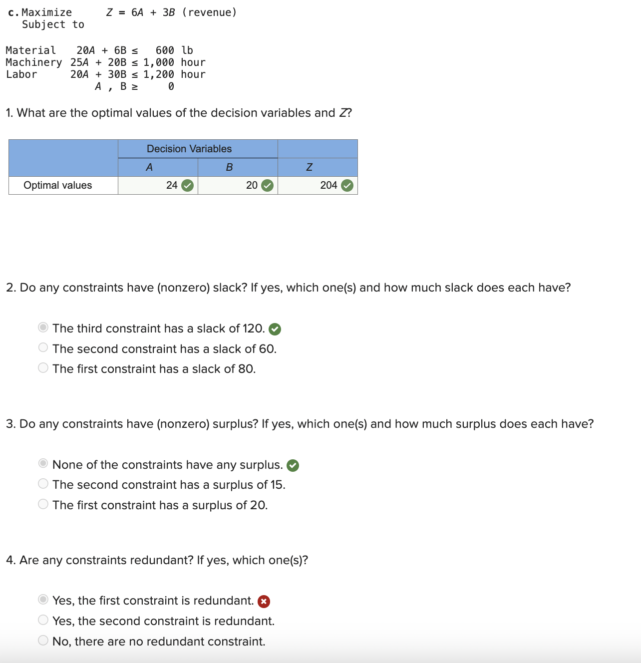  c. Maximize Z=6A+3B(revenue) Subject to Material ,20A+6B600lb Machinery 25A+20B1,000 hour Labor