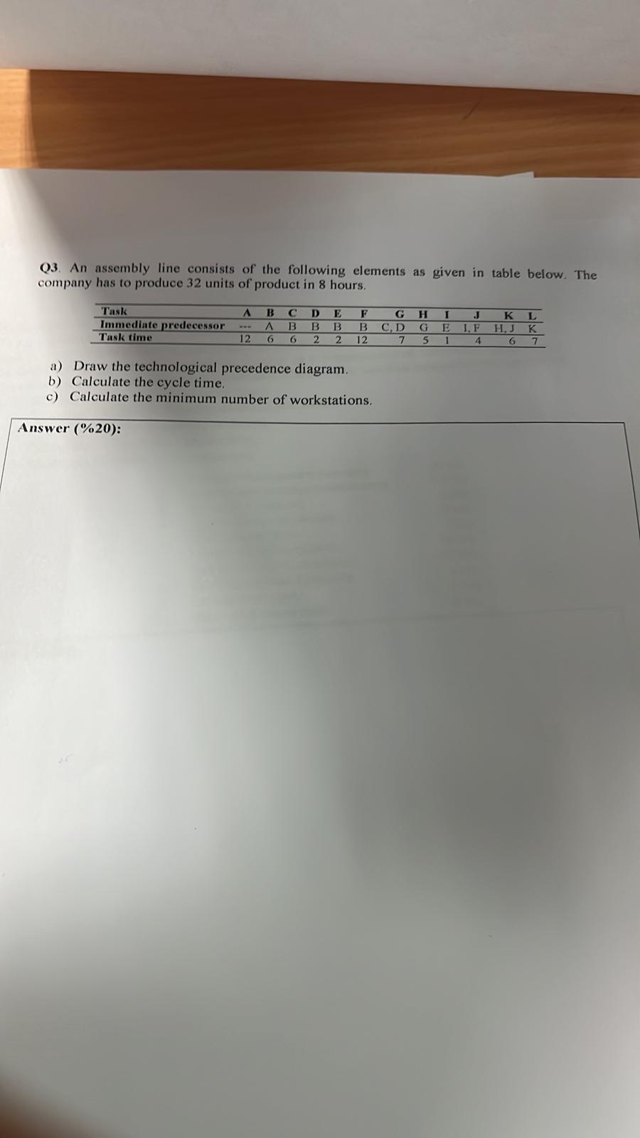  The image contains a question regarding an assembly line task sequence