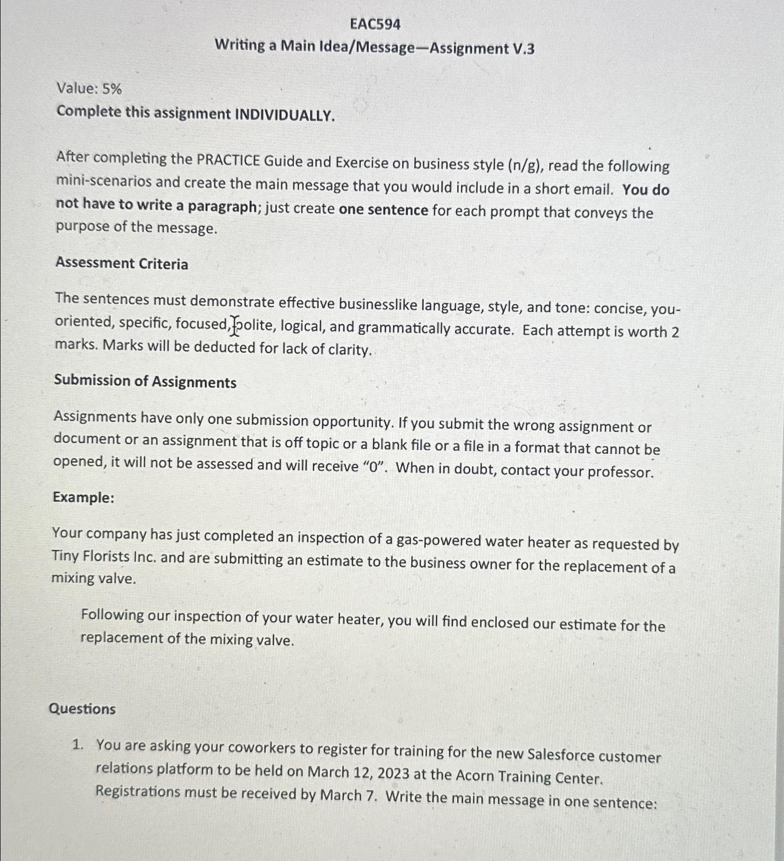  EAC594 Writing a Main Idea/Message-Assignment V.3 Value: 5% Complete this assignment