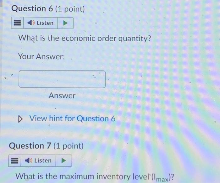 Annual demand: 158,100 Daily production: 2,000 Holding cost: $6.25 Setup cost: $250