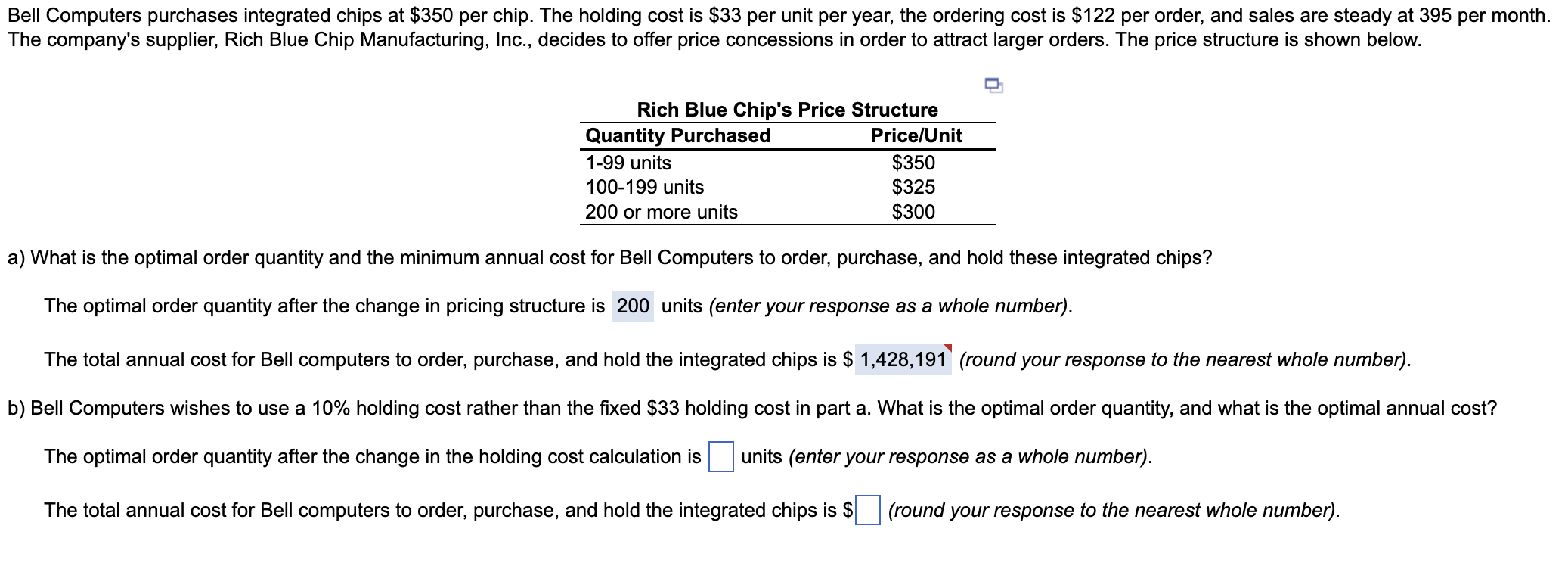  Bell Computers purchases integrated chips at $350 per chip. The holding