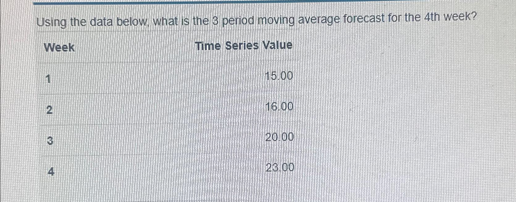  Using the data below, what is the 3 period moving average