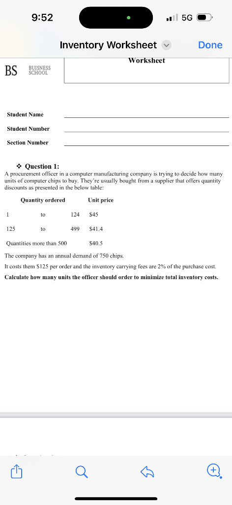  Inventory Worksheet Done * Question 1: A procurement officer in a