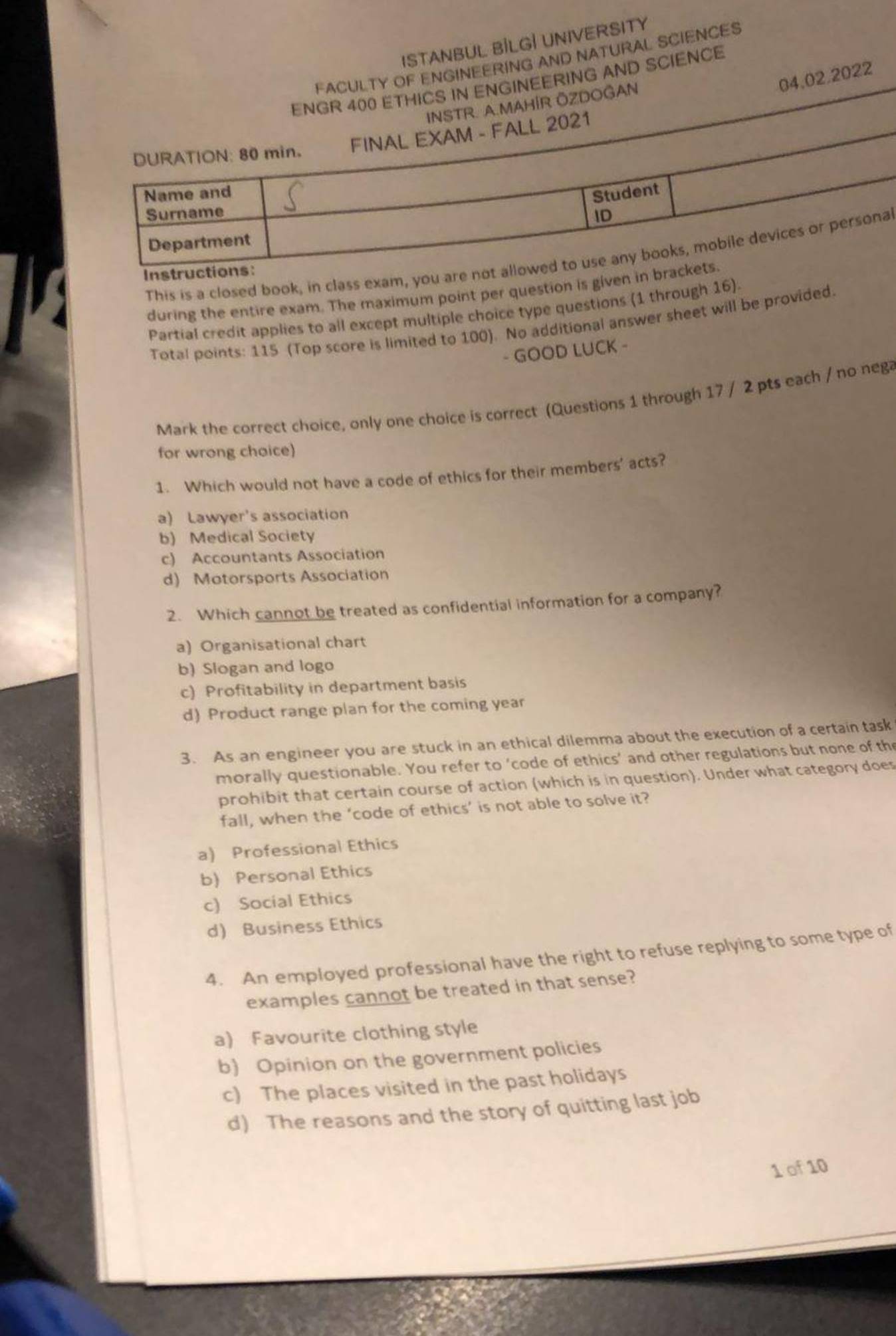  DURATION: 80 min. FINAL EXAM - FALL 2021 Instructions: This is