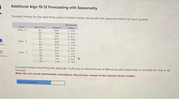 Please help me solve this Additional Algo 15-12 Forecasting with Seasonality Demand