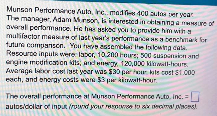  Munson Performance Auto, Inc., modifies 400 autos per year. The manager,