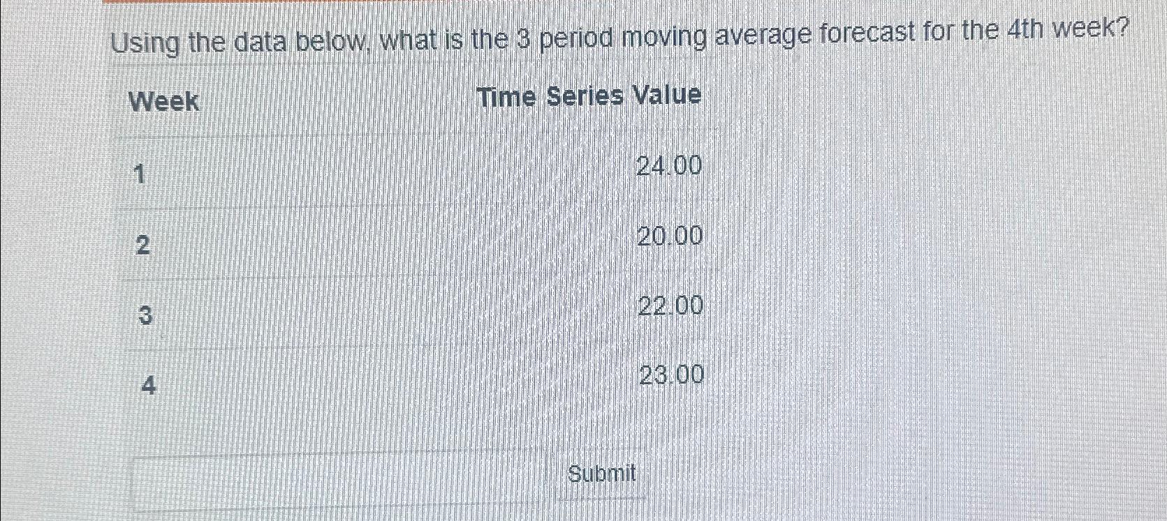  Using the data below, what is the 3 period moving average