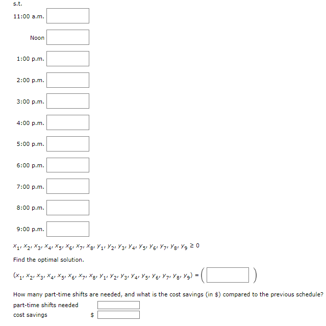 of day as shown. \begin{tabular}{|l|c|} \hline \multicolumn{1}{|c|}{ Time } & NumberofEmployeesNeeded \\