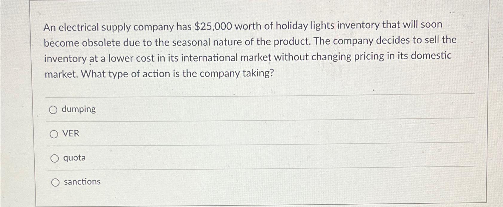  An electrical supply company has $25,000 worth of holiday lights inventory